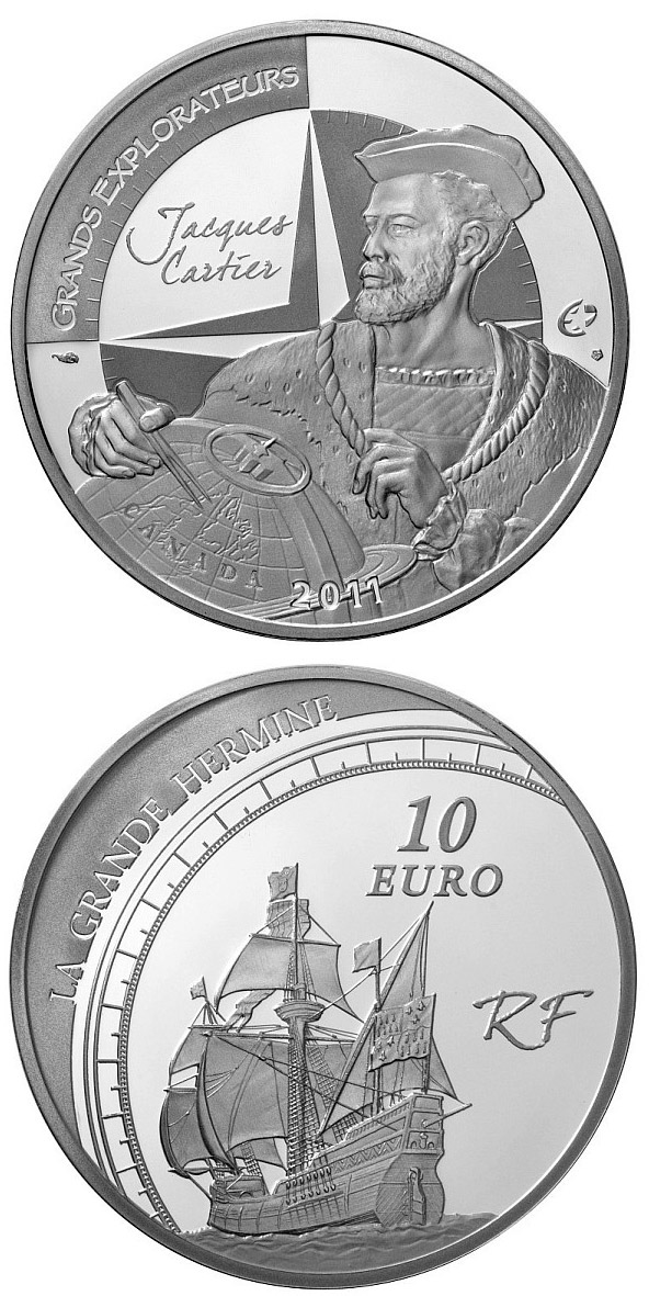Image of 10 euro coin - European Explorers: Jacques Cartier | France 2011.  The Silver coin is of Proof quality.