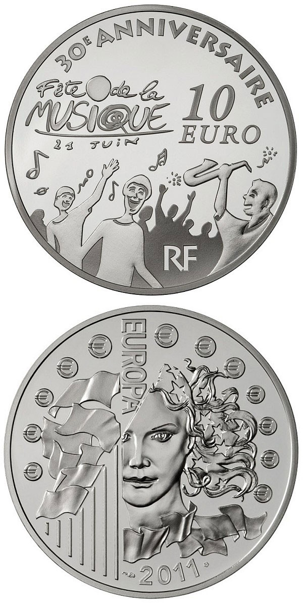 Image of 10 euro coin - 30 th anniversary of the International Music Day | France 2011.  The Silver coin is of Proof quality.
