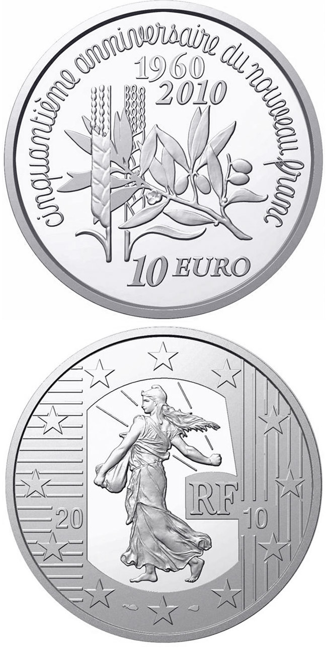 Image of 10 euro coin - 50th Anniversary of the New Franc | France 2010.  The Silver coin is of Proof quality.
