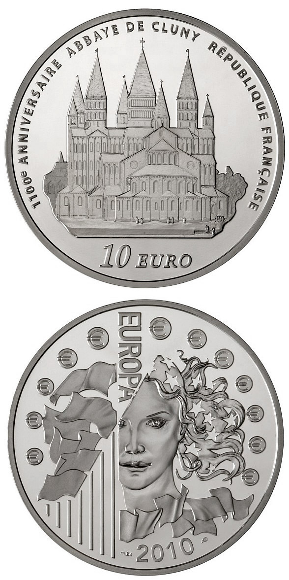 Image of 10 euro coin - 100th anniversary of the Cluny Abbe | France 2010.  The Silver coin is of Proof quality.