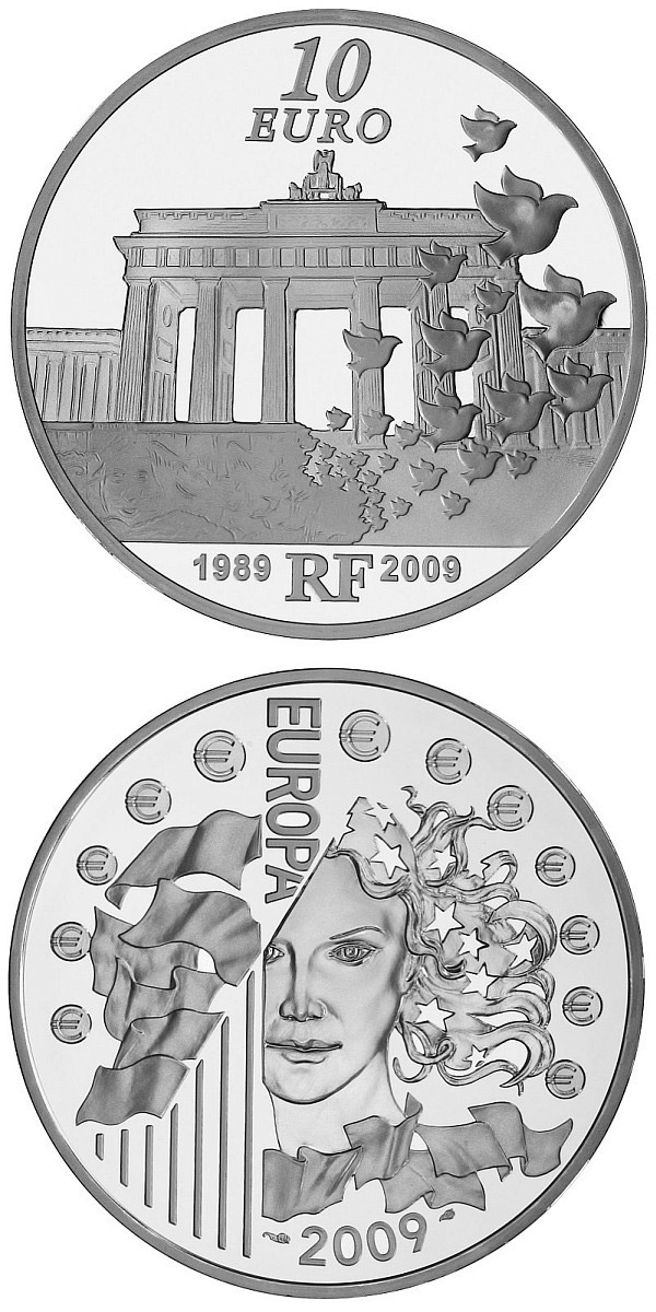 Image of 10 euro coin - 20th anniversary of the Fall of the Berlin Wall  | France 2009.  The Silver coin is of Proof quality.