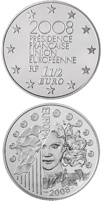 Image of 1.5 euro coin - French Presidency of the Council of the European Union | France 2008.  The Silver coin is of Proof quality.