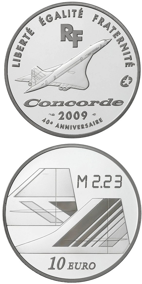 Image of 10 euro coin - Cultural Heritage: 40th Anniversary of the First Flight of Concorde  | France 2009.  The Silver coin is of Proof quality.
