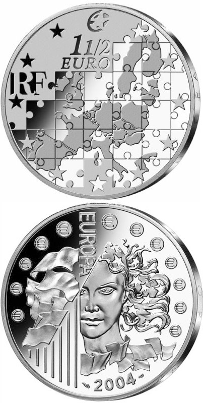 Image of 1.5 euro coin - Enlargement of the European Union  | France 2004.  The Silver coin is of Proof quality.