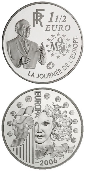 Image of 1.5 euro coin - 120th anniversary of the birth of the Robert Schuman  | France 2006.  The Silver coin is of Proof quality.