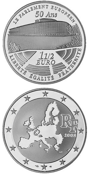Image of 1.5 euro coin - 50 years European Parliament  | France 2008.  The Silver coin is of Proof quality.