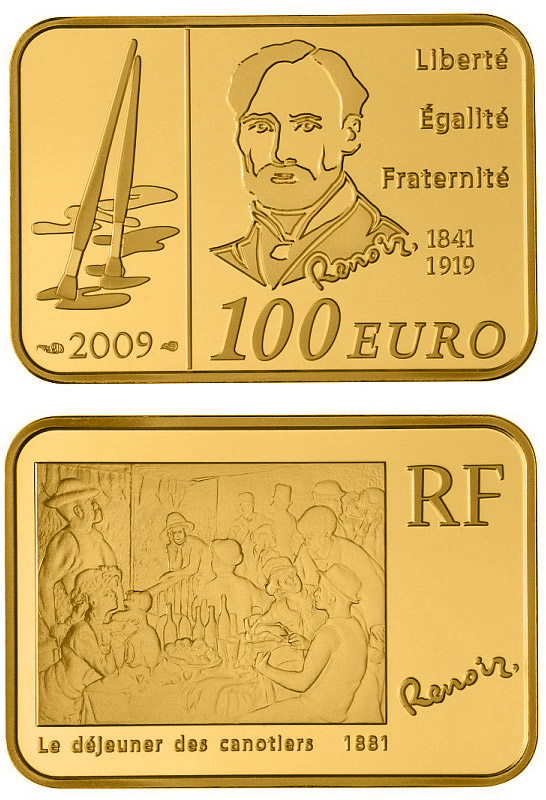 Image of 100 euro coin - Auguste Renoir | France 2009.  The Gold coin is of Proof quality.