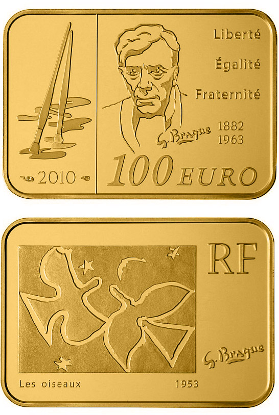 Image of 100 euro coin - Georges Braque | France 2010.  The Gold coin is of Proof quality.