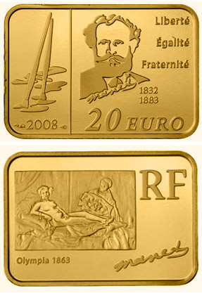 Image of 20 euro coin - Eduard Manet | France 2008.  The Gold coin is of Proof quality.