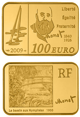 Image of 100 euro coin - Claude Monet  | France 2009.  The Gold coin is of Proof quality.