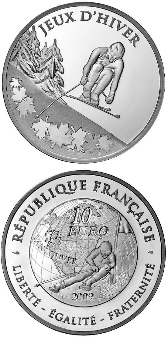 Image of 10 euro coin - Ski alpin | France 2009.  The Silver coin is of Proof quality.