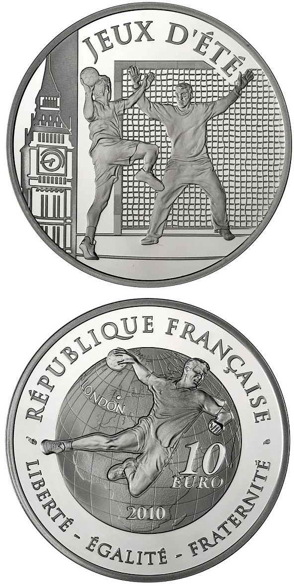 Image of 10 euro coin - Handball | France 2010.  The Silver coin is of Proof quality.