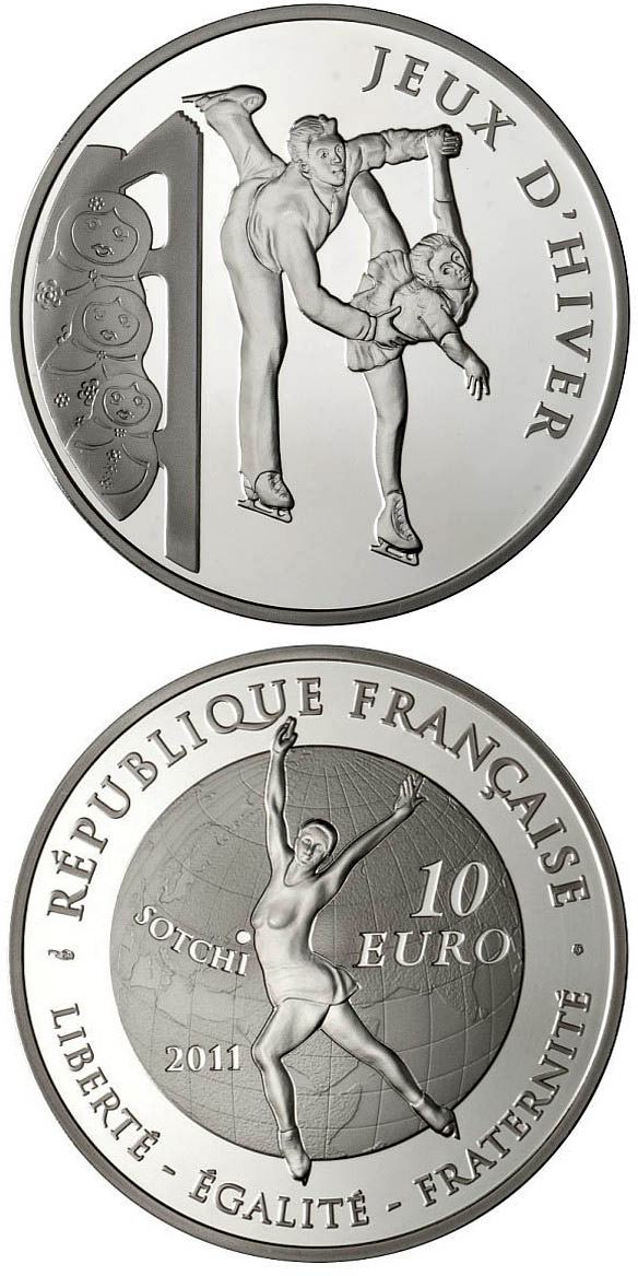 Image of 10 euro coin - Figure skating | France 2011.  The Silver coin is of Proof quality.