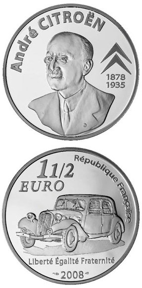 Image of 1.5 euro coin - 130th Anniversary of the Birth of the André Citroën  | France 2008.  The Silver coin is of Proof quality.