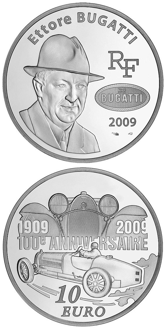 Image of 10 euro coin - 100 years of Bugatti cars | France 2009.  The Silver coin is of Proof quality.