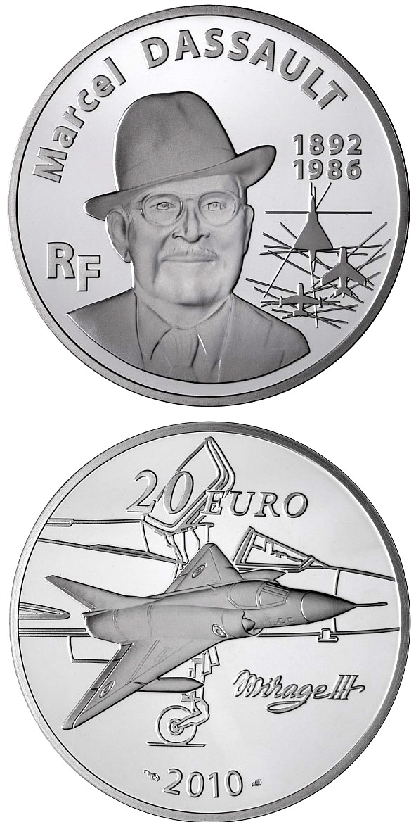 Image of 20 euro coin - Marcel Dassault | France 2010.  The Silver coin is of Proof quality.