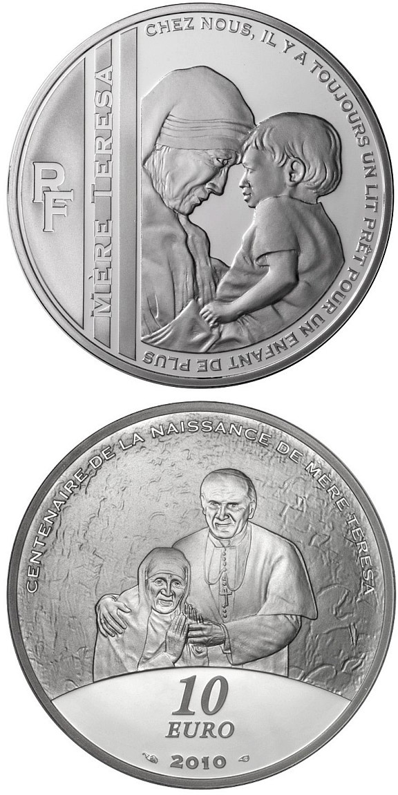 Image of 10 euro coin - 100th Anniversary of the Birth of the Mother Teresa | France 2010.  The Silver coin is of Proof quality.