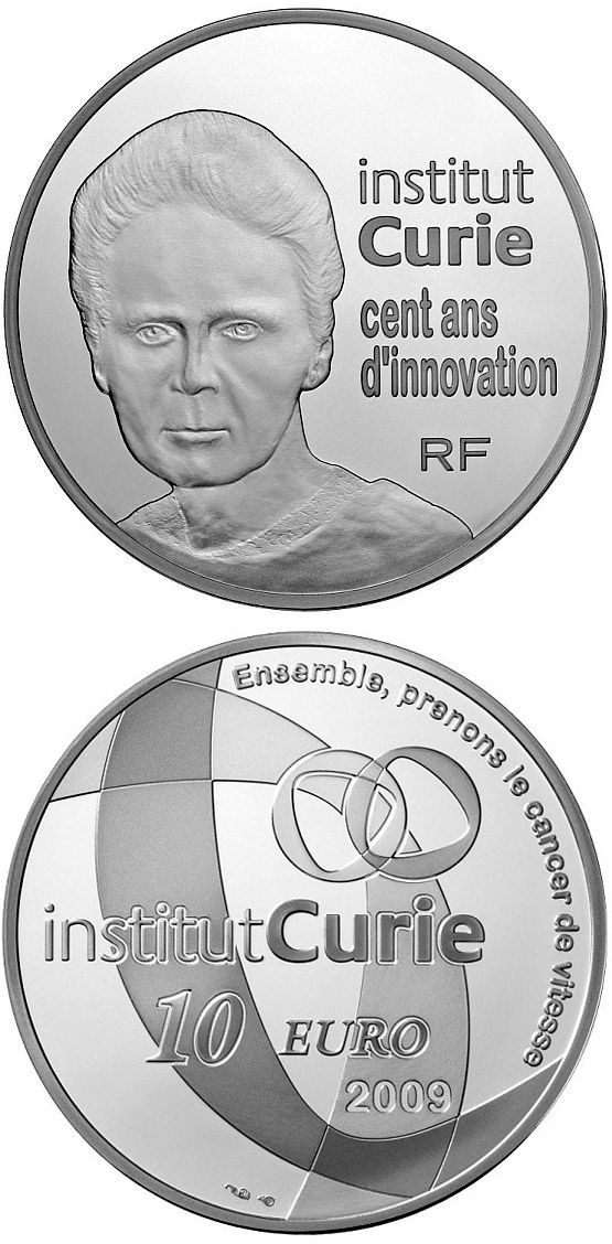 Image of 10 euro coin - Curie Institute | France 2009.  The Silver coin is of Proof quality.
