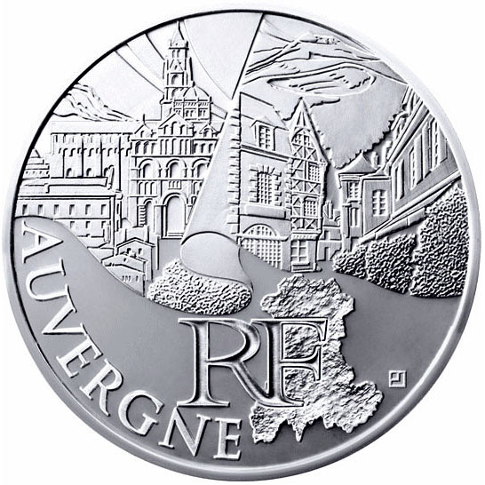 Image of 10 euro coin - Auvergne | France 2011.  The Silver coin is of UNC quality.