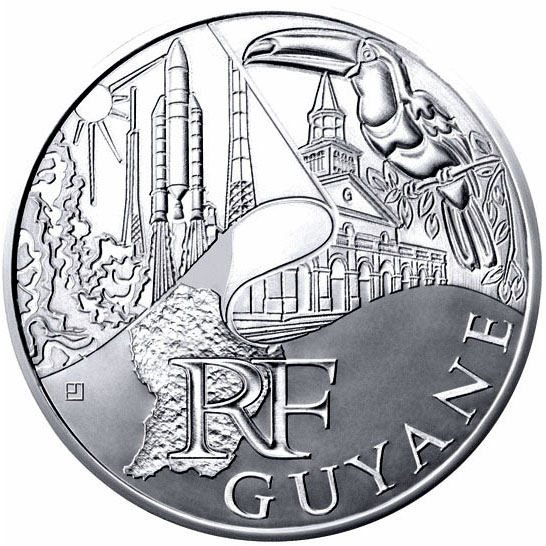 Image of 10 euro coin - French Guiana  | France 2011.  The Silver coin is of UNC quality.