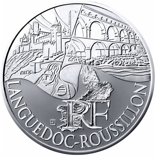 Image of 10 euro coin - Languedoc Roussillon | France 2011.  The Silver coin is of UNC quality.