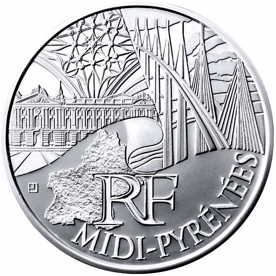 Image of 10 euro coin - Midi Pyrenees | France 2011.  The Silver coin is of UNC quality.