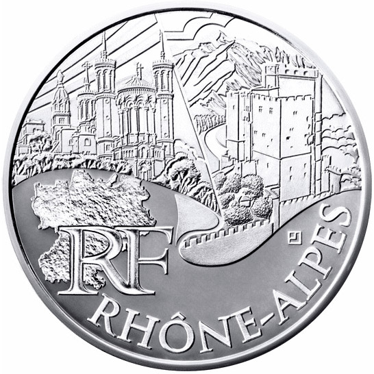 Image of 10 euro coin - Rhone Alps | France 2011.  The Silver coin is of UNC quality.