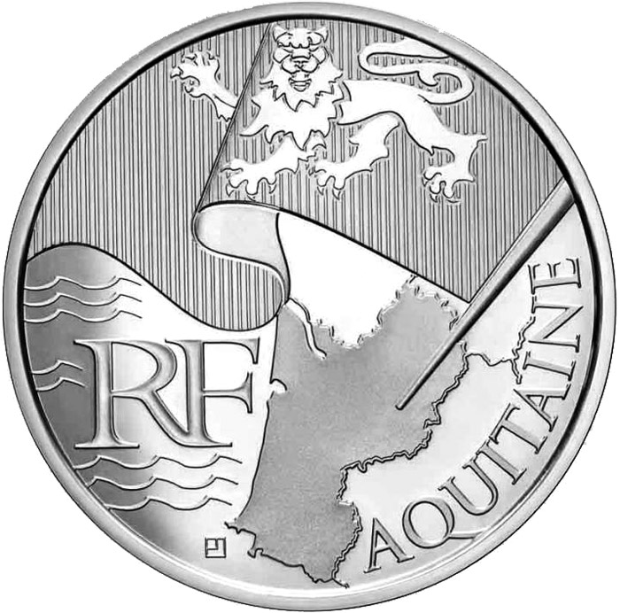 Image of 10 euro coin - Aquitaine | France 2010.  The Silver coin is of UNC quality.