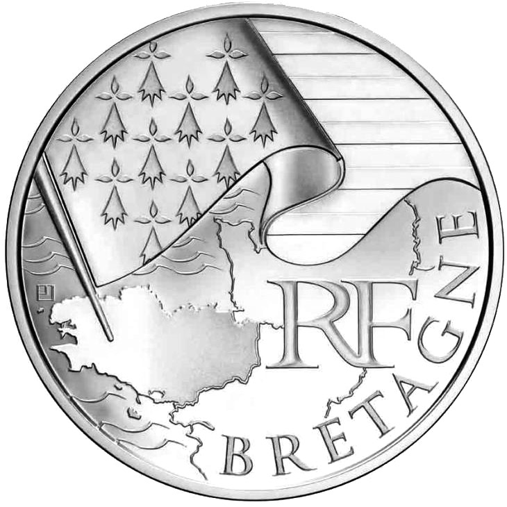 Image of 10 euro coin - Brittany | France 2010.  The Silver coin is of UNC quality.