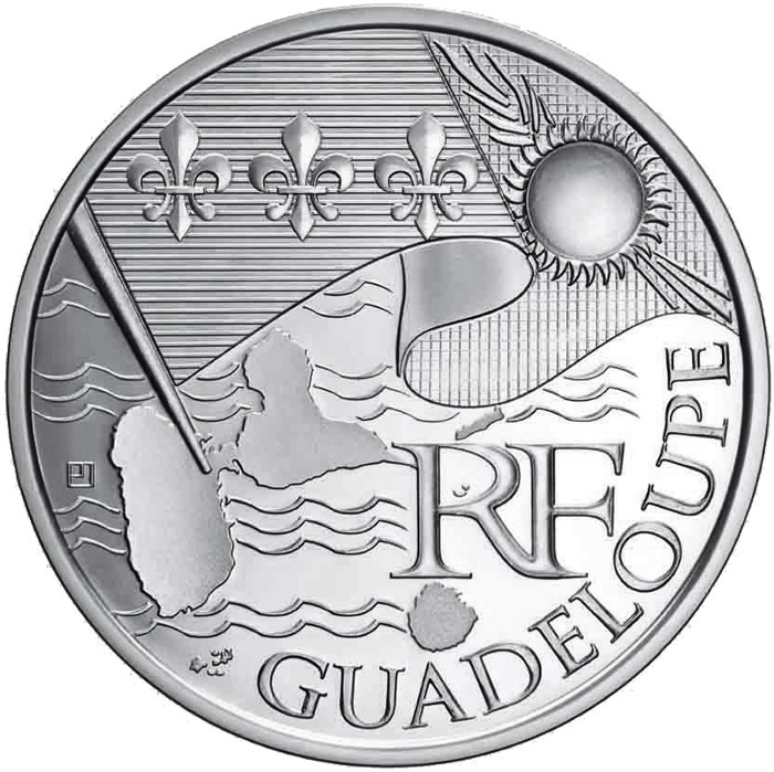 Image of 10 euro coin - Guadeloupe  | France 2010.  The Silver coin is of UNC quality.