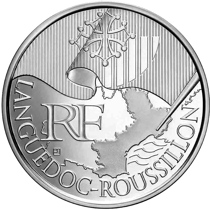 Image of 10 euro coin - Languedoc Roussillon | France 2010.  The Silver coin is of UNC quality.