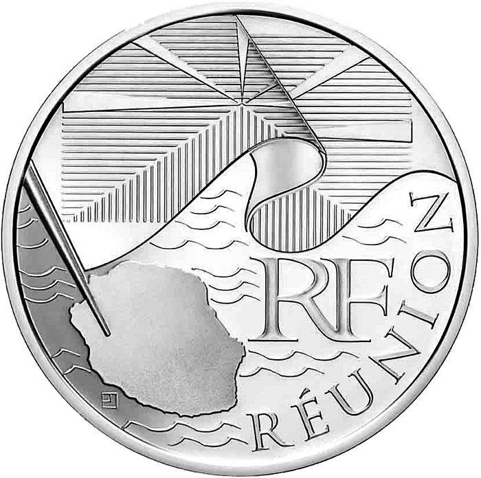 Image of 10 euro coin - Reunion  | France 2010.  The Silver coin is of UNC quality.