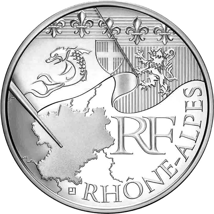 Image of 10 euro coin - Rhone Alps | France 2010.  The Silver coin is of UNC quality.