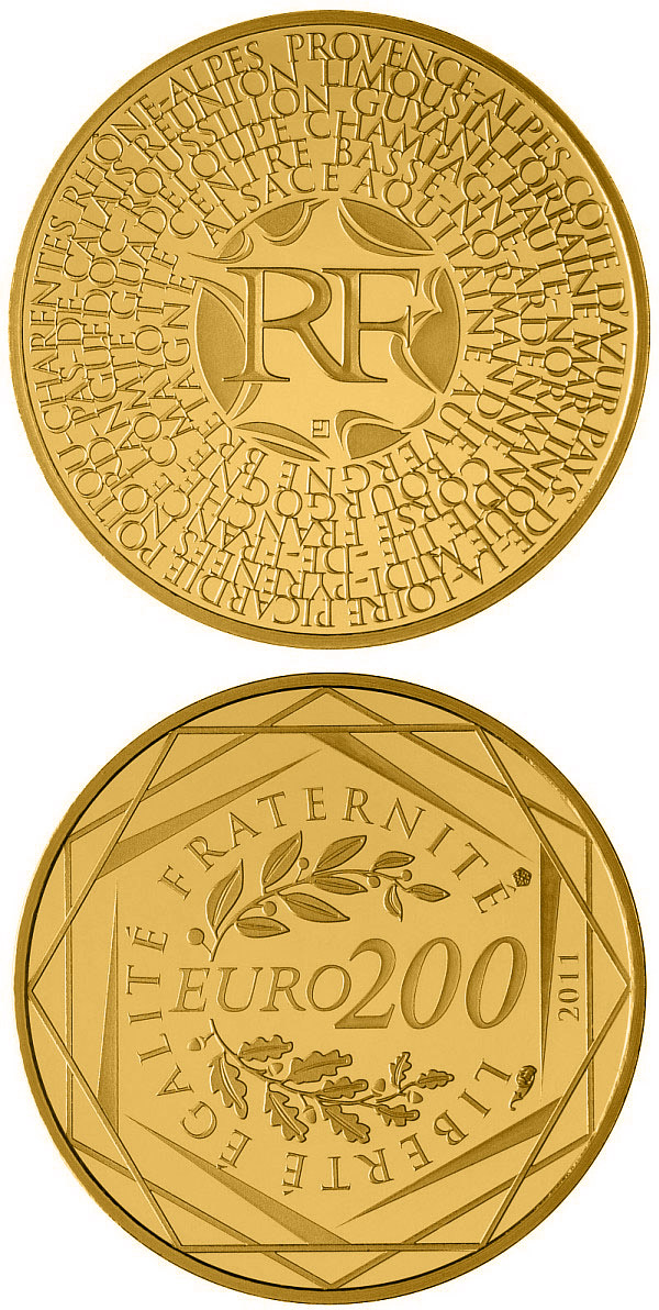 Image of 200 euro coin - Regions of France | France 2011.  The Gold coin is of Proof quality.