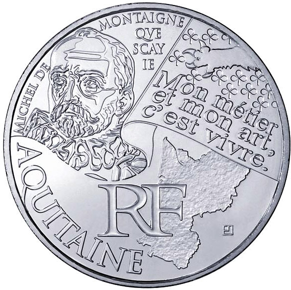 Image of 10 euro coin - Aquitaine (Michel de Montaigne) | France 2012.  The Silver coin is of UNC quality.