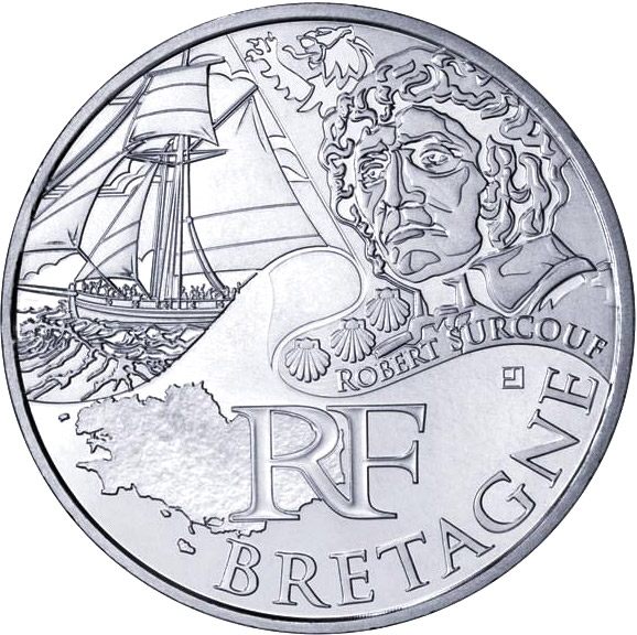 Image of 10 euro coin - Brittany (Robert Surcouf) | France 2012.  The Silver coin is of UNC quality.