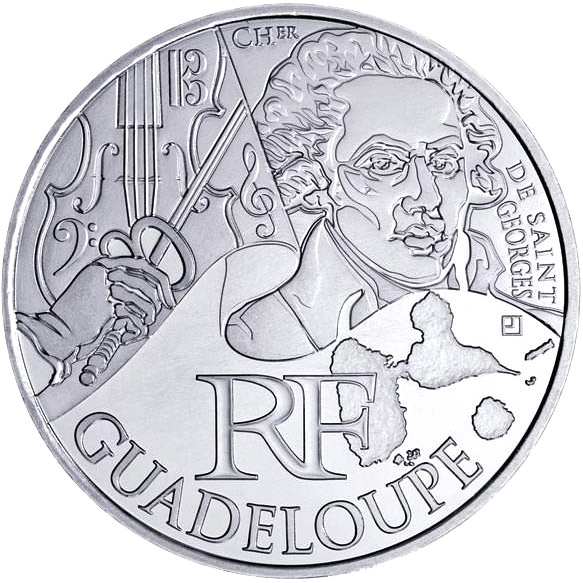 Image of 10 euro coin - Guadeloupe (Chevalier de Saint-Georges) | France 2012.  The Silver coin is of UNC quality.