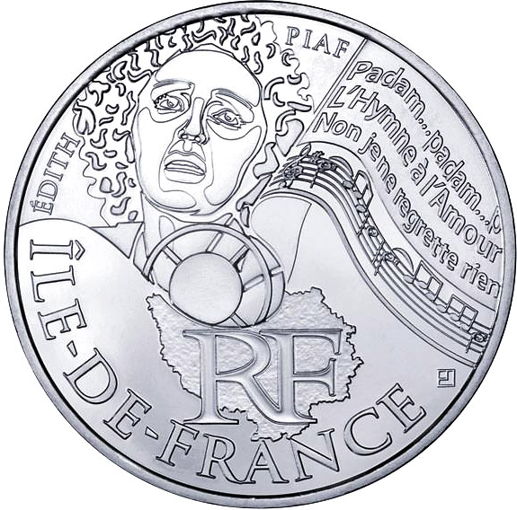 Image of 10 euro coin - Paris Isle of France (Edith Piaf) | France 2012.  The Silver coin is of UNC quality.