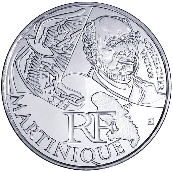 Image of 10 euro coin - Martinique (Victor Schoelcher) | France 2012.  The Silver coin is of UNC quality.