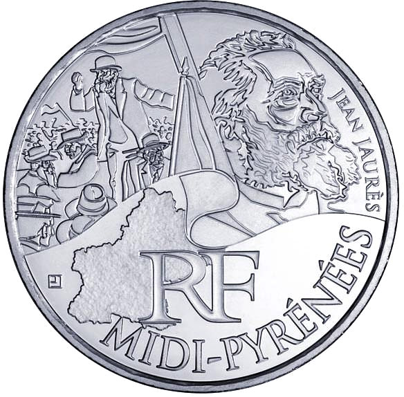 Image of 10 euro coin - Midi Pyrenees (Jean Jaurès) | France 2012.  The Silver coin is of UNC quality.