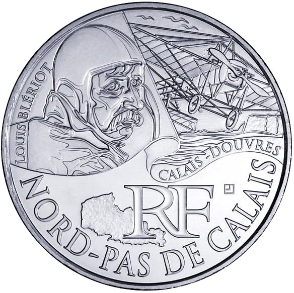 Image of 10 euro coin - North Calais (Louis Blériot) | France 2012.  The Silver coin is of UNC quality.
