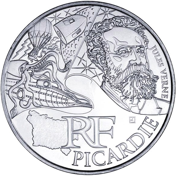 Image of 10 euro coin - Picardy (Jules Verne) | France 2012.  The Silver coin is of UNC quality.
