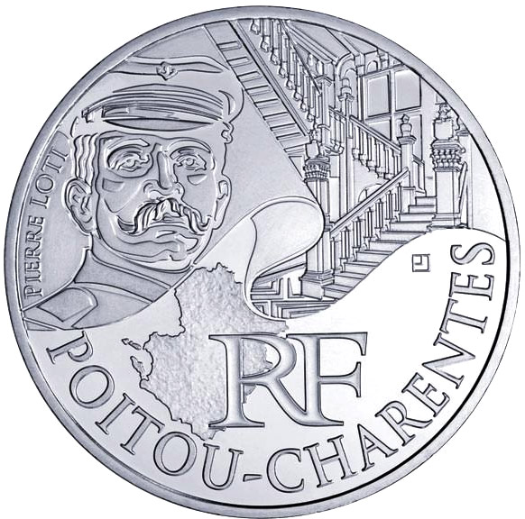 Image of 10 euro coin - Poitou Charentes (Pierre Loti) | France 2012.  The Silver coin is of UNC quality.