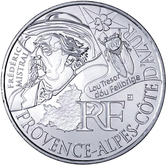 Image of 10 euro coin - Provence Alpes Azur (Frédéric Mistral) | France 2012.  The Silver coin is of UNC quality.