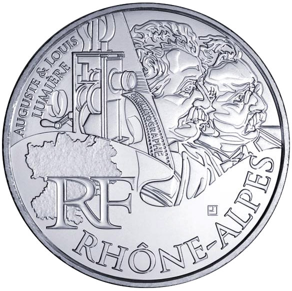 Image of 10 euro coin - Rhone Alps (Auguste and Louis Lumière) | France 2012.  The Silver coin is of UNC quality.