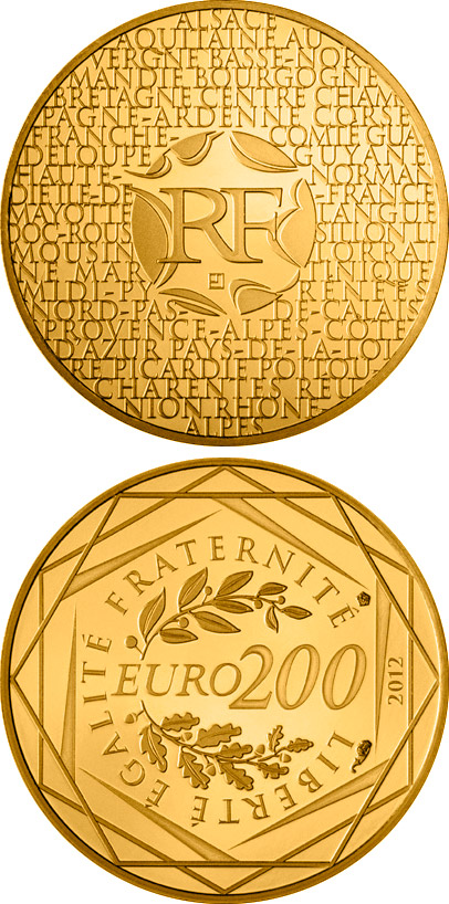 Image of 200 euro coin - Regions of France | France 2012.  The Gold coin is of Proof quality.