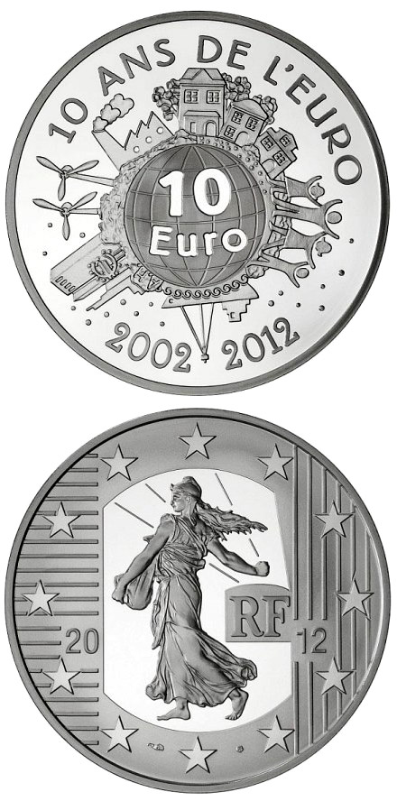 Image of 10 euro coin - 10th Anniversary of the Euro | France 2012.  The Silver coin is of Proof quality.