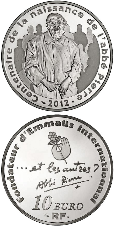 Image of 10 euro coin - 100th Anniversary of abbé Pierre's birth History | France 2012.  The Silver coin is of Proof quality.