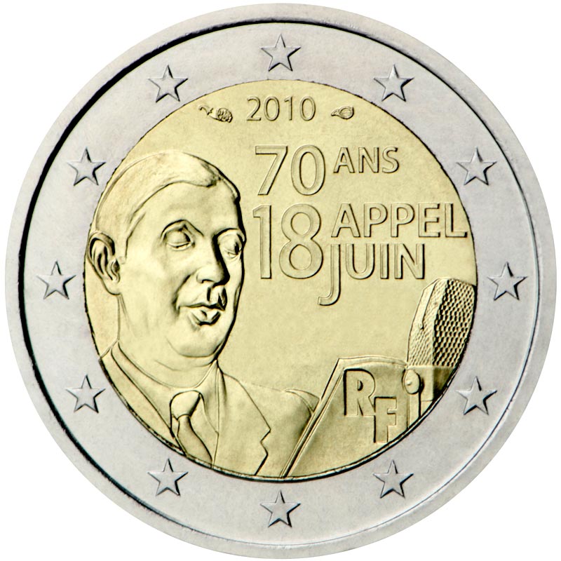 Image of 2 euro coin - 70th Anniversary of the Appeal of June 18 by General de Gaulle | France 2010