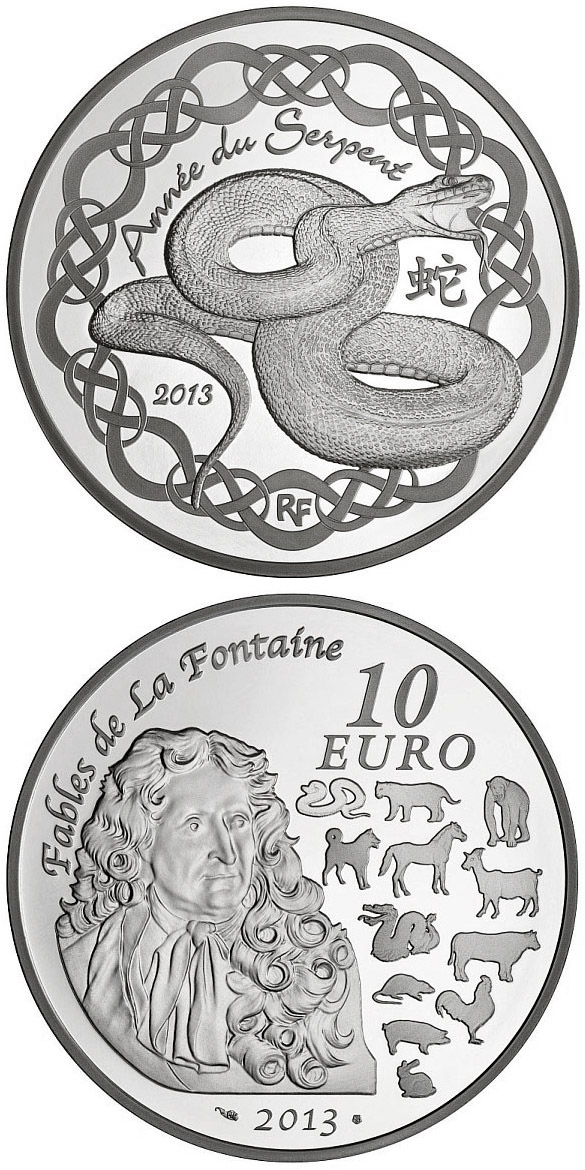 Image of 10 euro coin - Year of Serpent | France 2013.  The Silver coin is of Proof quality.